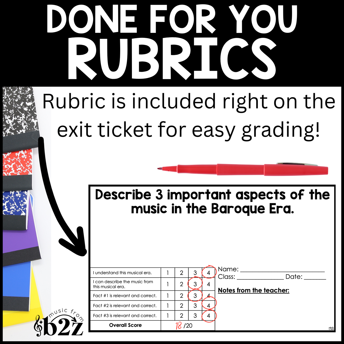 Baroque Musical Era Exit Tickets & Rubrics Editable Elementary Music Assessment