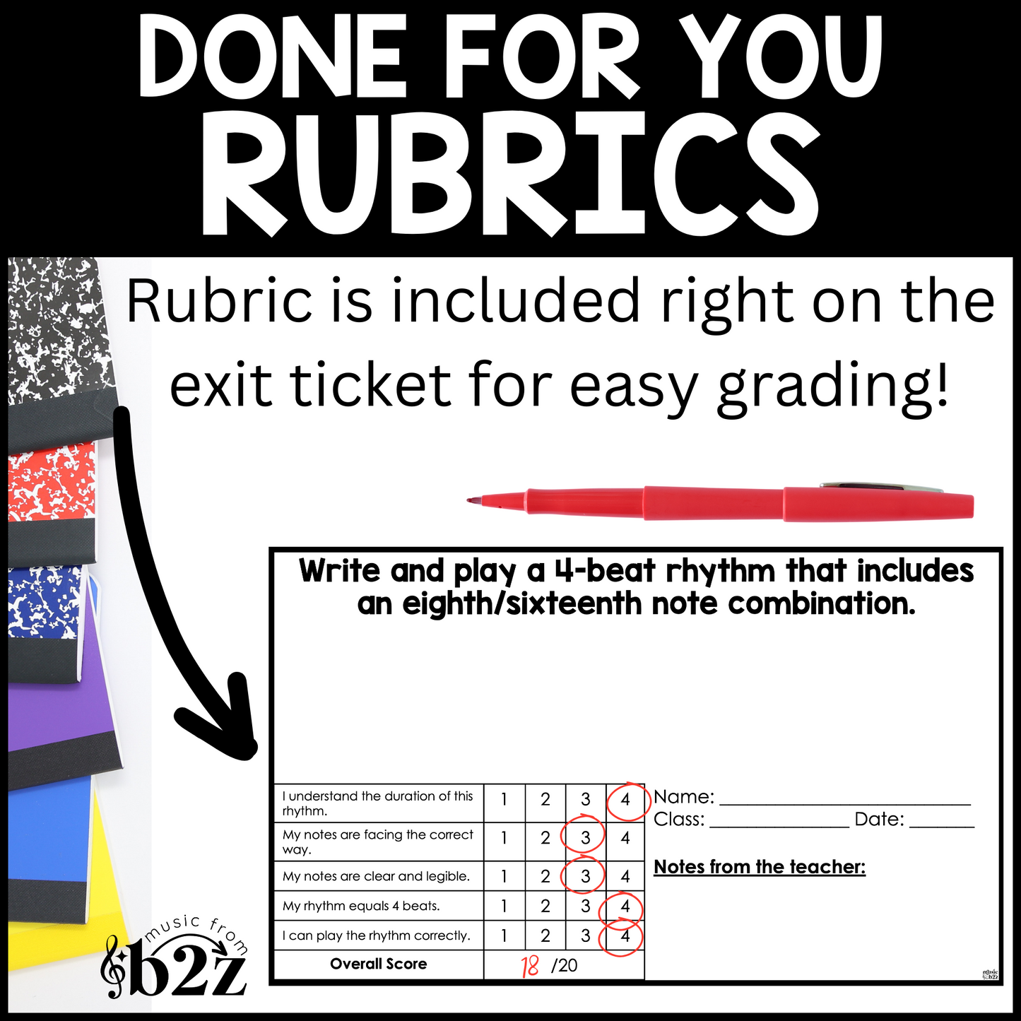 Eighth & Sixteenth Notes Exit Tickets Rubrics Editable Music Rhythm Assessment