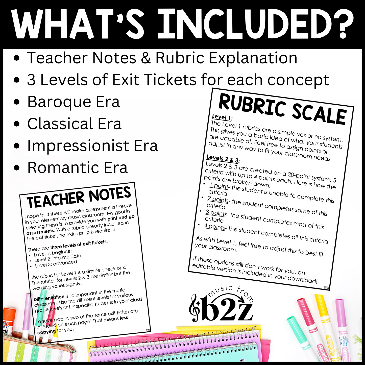 Musical Eras & Composers Exit Tickets BUNDLE Rubrics Editable Elementary Music Assessment