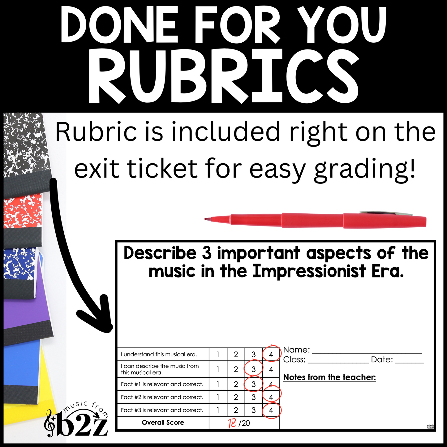 Impressionist Era Exit Tickets & Rubrics Editable Elementary Music Assessment