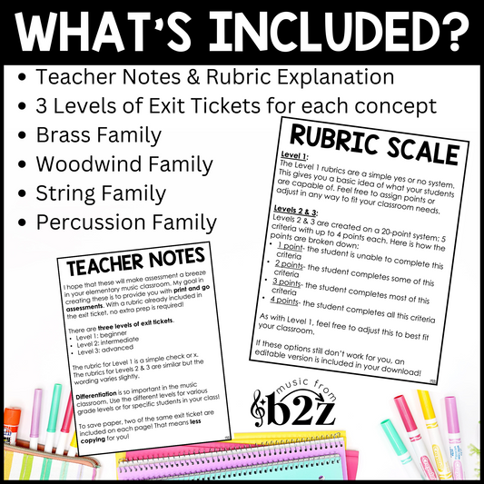 Instrument Families Exit Tickets BUNDLE Rubrics Elementary Music Assessment