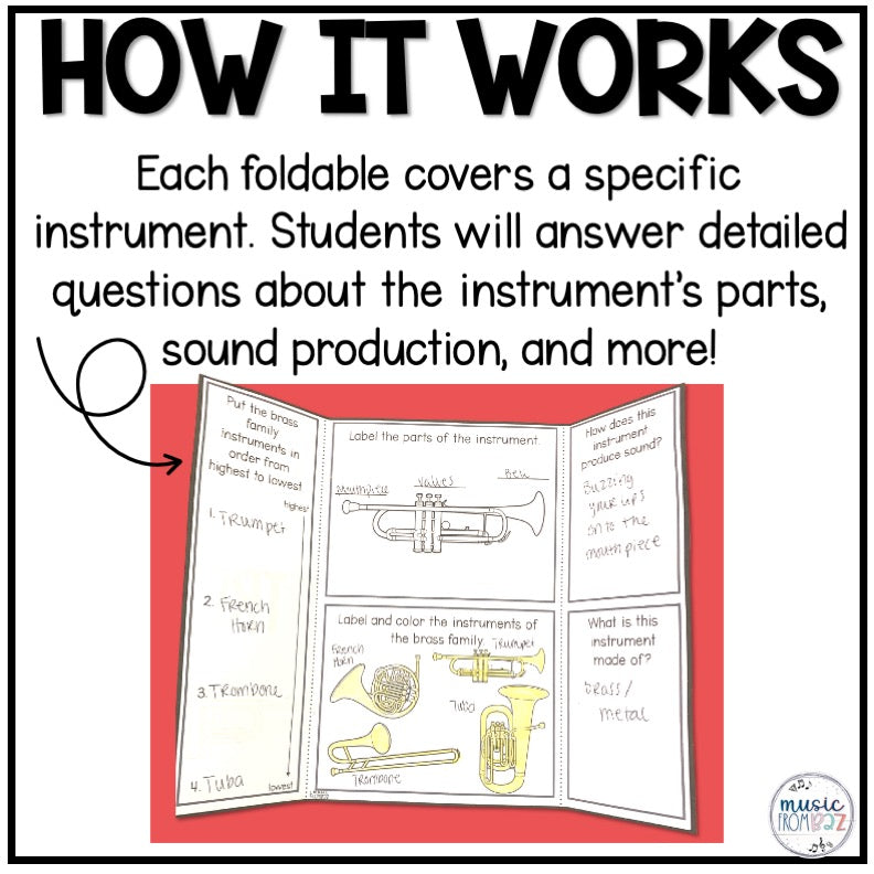 Brass Family Foldable Activity - Musical Instrument Families of the Orchestra Worksheet Lessons