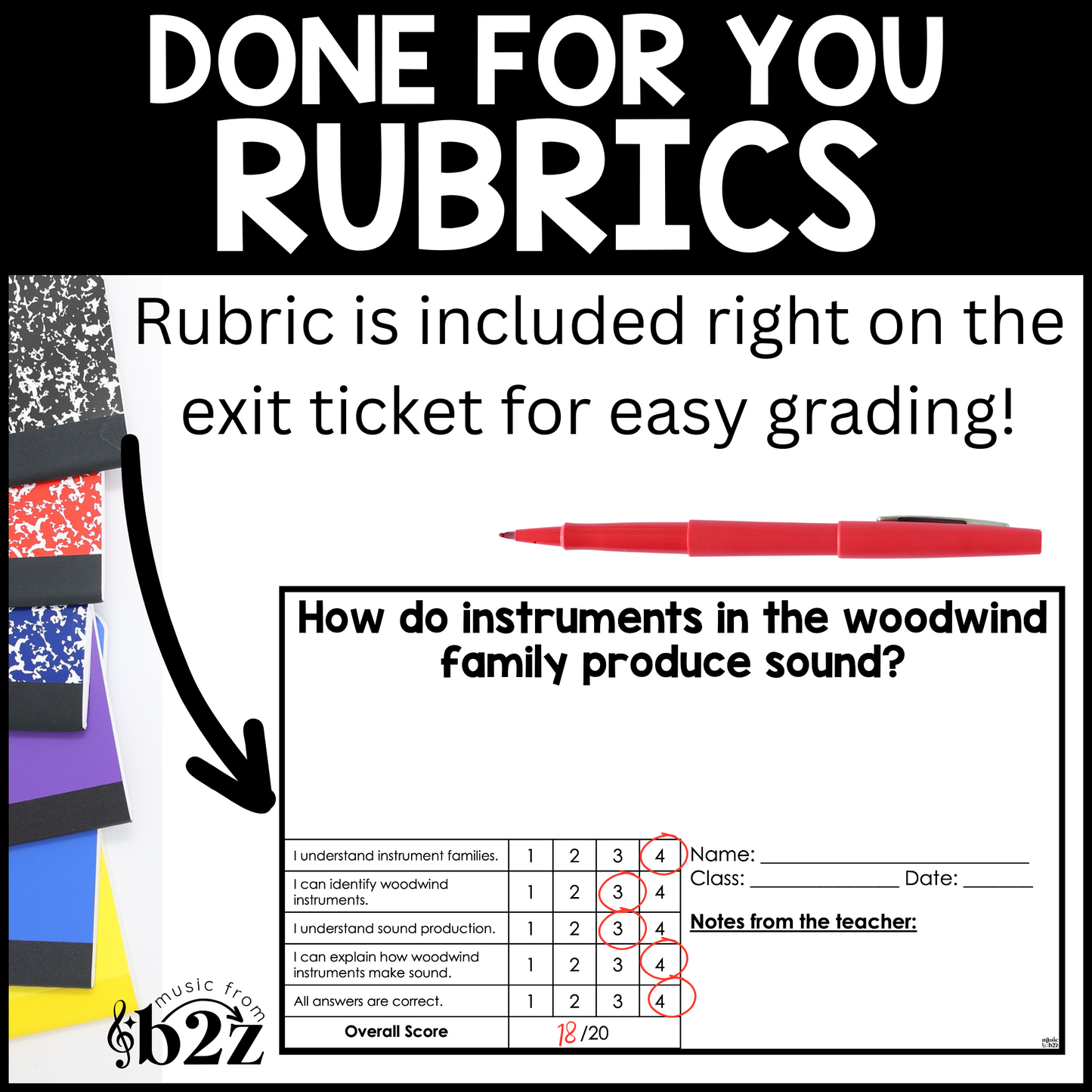 Woodwind Instruments Exit Tickets & Rubrics Editable Elementary Music Assessment