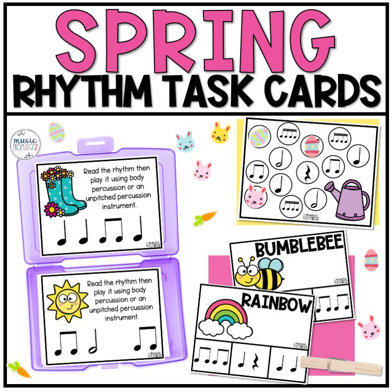 Spring Music Activities - Music Task Cards - Rhythm Worksheet & Stations - Elementary Music Lesson and Game - DIGITAL DOWNLOAD