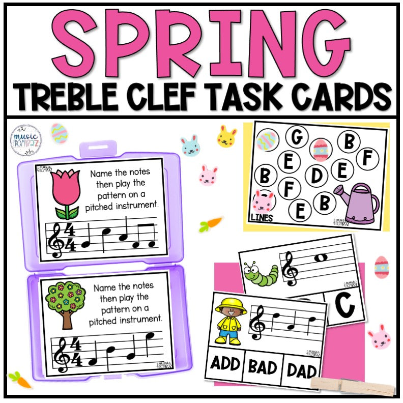 Spring Music Activities - Music Task Cards - Treble Clef Worksheet & Stations - Elementary Music Lesson and Game - DIGITAL DOWNLOAD