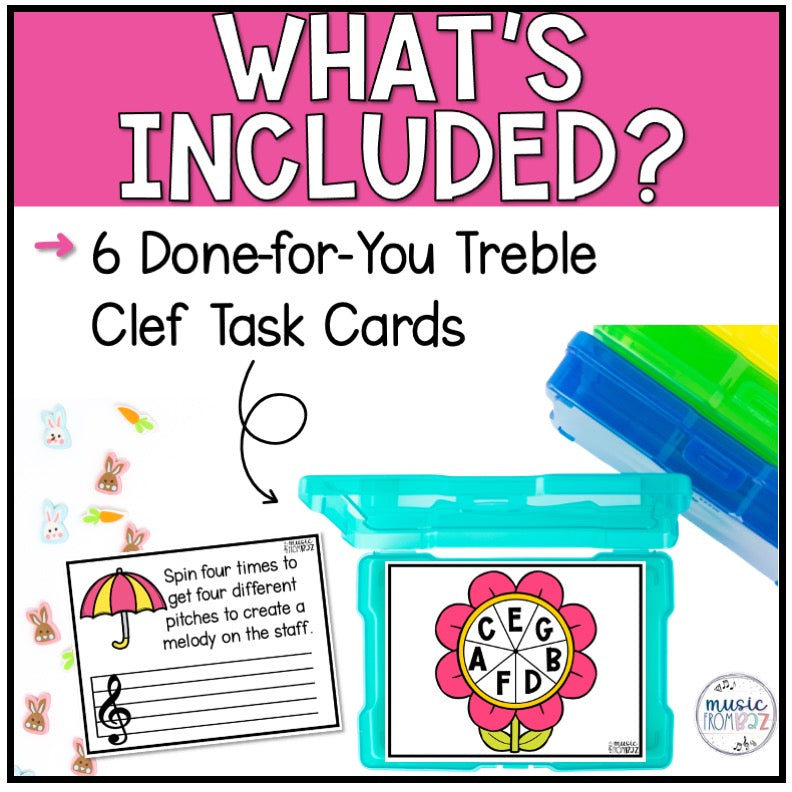 Spring Music Activities - Music Task Cards - Treble Clef Worksheet & Stations - Elementary Music Lesson and Game - DIGITAL DOWNLOAD