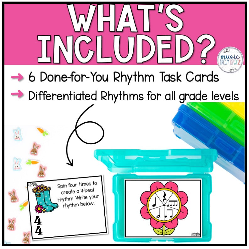 Spring Music Activities - Music Task Cards - Rhythm Worksheet & Stations - Elementary Music Lesson and Game - DIGITAL DOWNLOAD