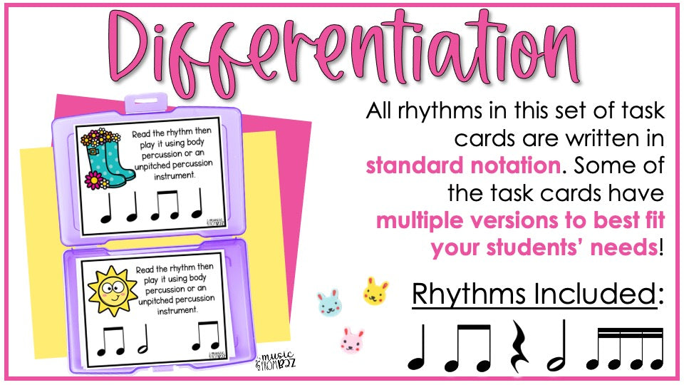 Spring Music Activities - Music Task Cards - Rhythm Worksheet & Stations - Elementary Music Lesson and Game - DIGITAL DOWNLOAD