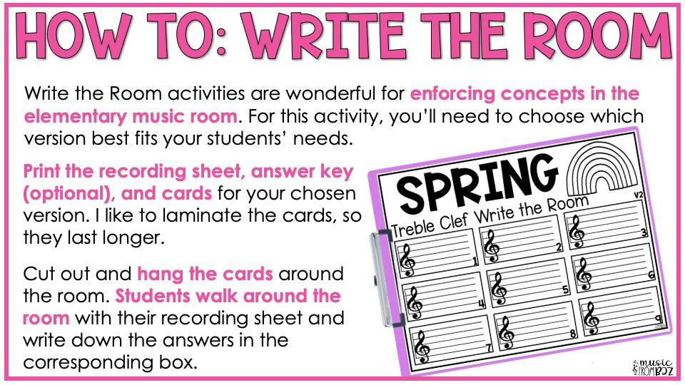 Spring Music Activities - Write the Room - Treble Clef - Elementary Music Lessons - Lines and Spaces Music Lesson - DIGITAL DOWNLOAD