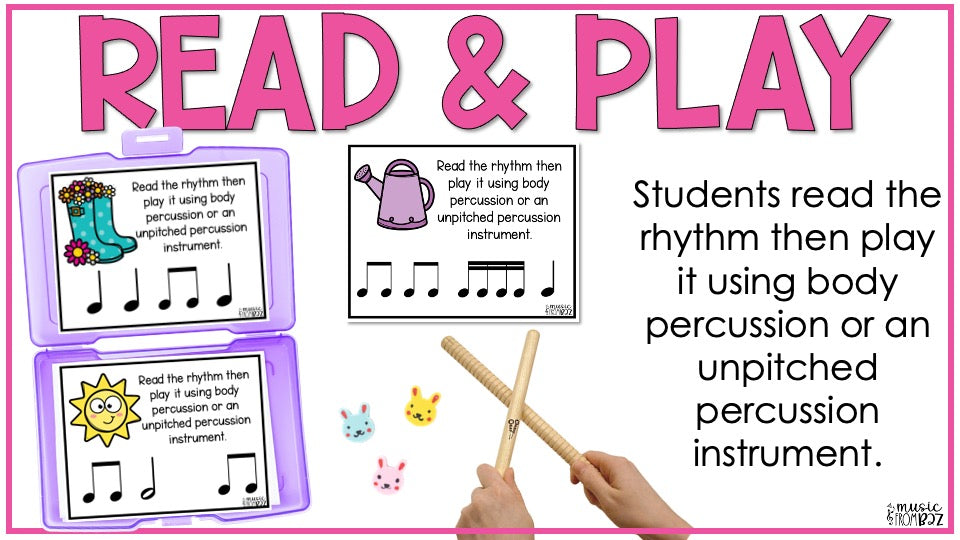 Spring Music Activities - Music Task Cards - Rhythm Worksheet & Stations - Elementary Music Lesson and Game - DIGITAL DOWNLOAD