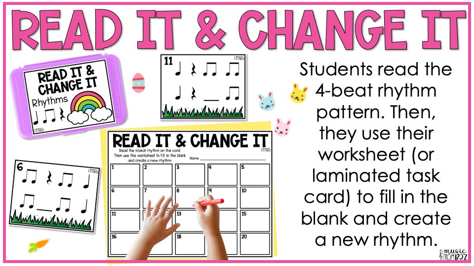 Spring Music Activities - Music Task Cards - Rhythm Worksheet & Stations - Elementary Music Lesson and Game - DIGITAL DOWNLOAD